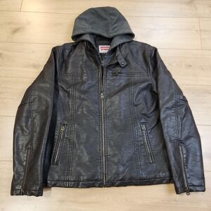 Levis Jacket Mens Large Dark Brown Faux Leather Hooded Motorcycle Lined LM6JU934